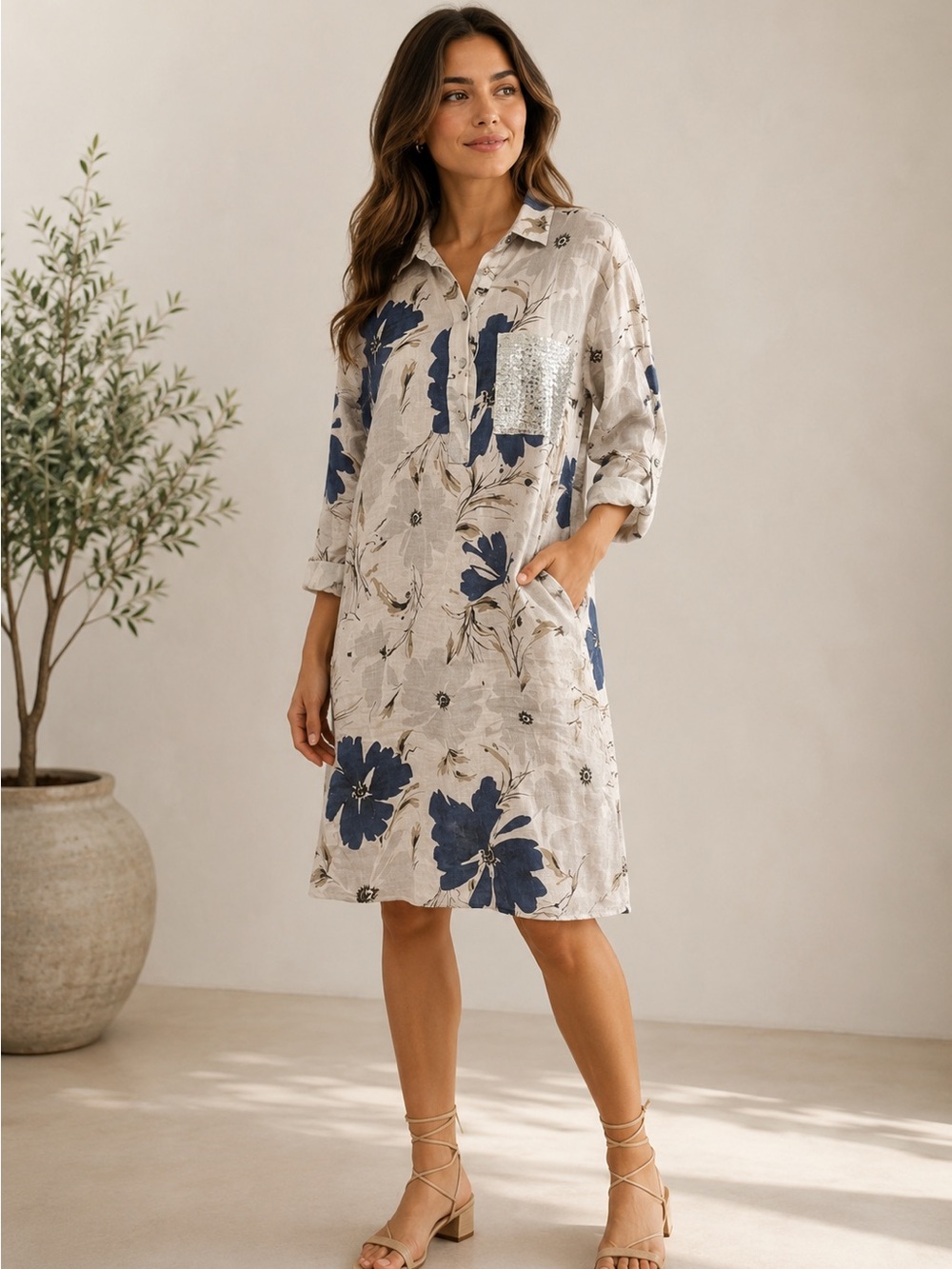 NT flower print midi dress one size 100-% linen